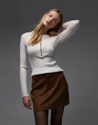 Top en maille côtelée de laine avec col boutonné - Blanc cassé S