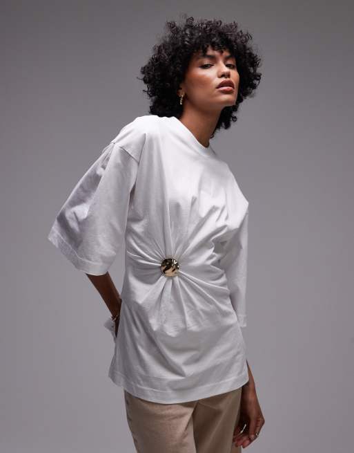 & Other Stories - Top in jersey oversize bianco con fibbia color oro