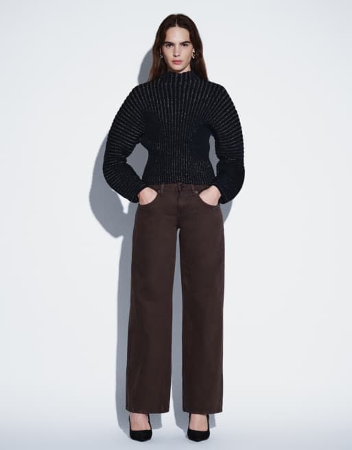 & Other Stories top in maglia a maniche lunghe con collo alto e dettagli a coste nero, 2 di 4