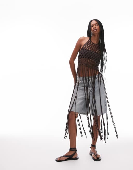 & Other Stories - Top in maglia all'uncinetto traforato con maxi frange marrone scuro