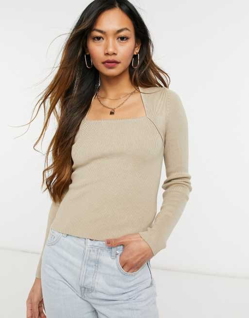 & Other Stories - Top in maglia con scollo quadrato beige - BROWN - BROWN