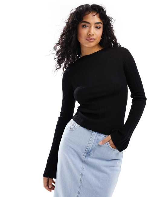 & Other Stories - Top in maglia di lana merino a coste miste con scollo a barchetta nero 