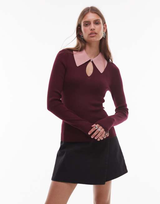 & Other Stories - Top in maglia di misto lana bordeaux con colletto a contrasto con apertura a goccia