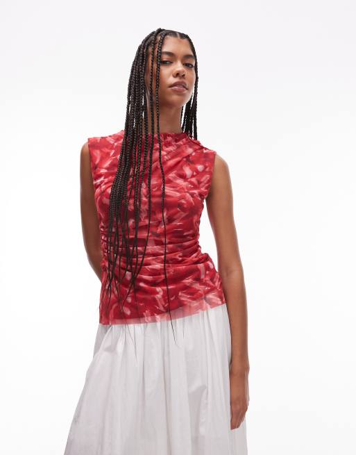 & Other Stories - Top in rete rosso con stampa a fiori e dettaglio drappeggiato