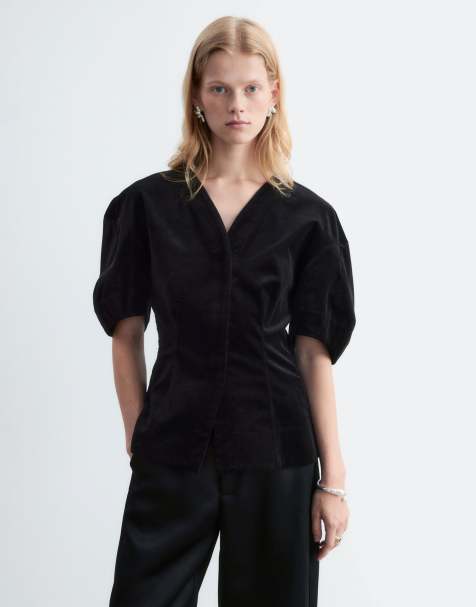 & Other Stories top in velluto con vita stretta e maniche voluminose nero - view 1