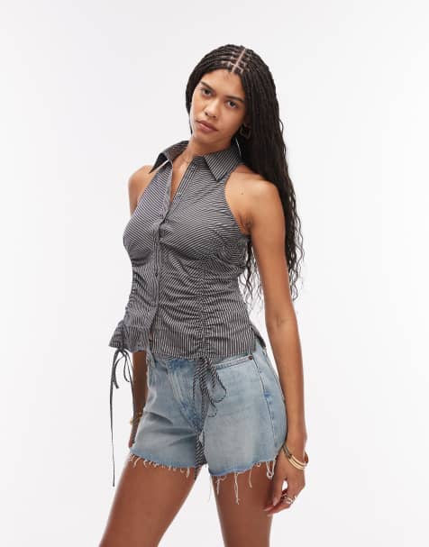 & Other Stories - Top senza maniche allacciato al collo arricciato in misto cotone blu navy a righe - view 1