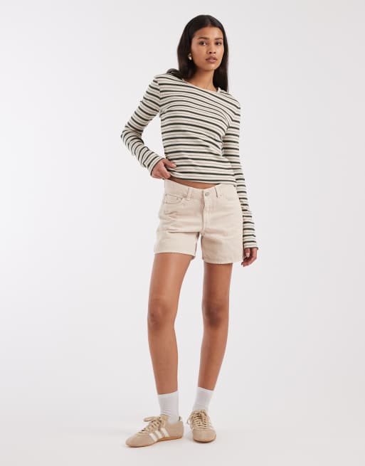 & Other Stories - Top slim fit a maniche lunghe super morbido bianco a righe a coste, 2 di 4