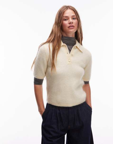 & Other Stories - Top slim in maglia di lana e mohair beige giallo con colletto a polo - view 1