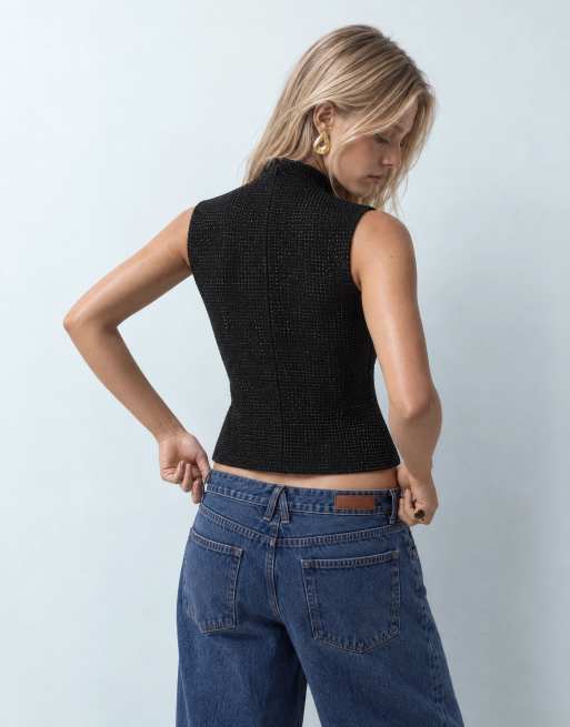 & Other Stories top smanicato con collo alto e spalle strutturate nero, 10 di 10