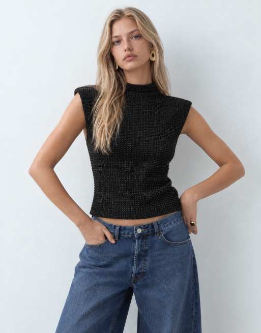 & Other Stories top smanicato con collo alto e spalle strutturate nero, 7 di 10