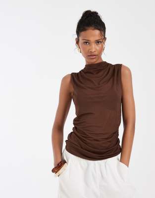 Top transparent sans manches effet drapé - Marron S