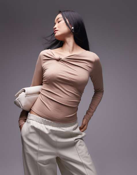 & Other Stories - Top van jersey met lange mouwen en geknoopte halslijn in beige - view 1