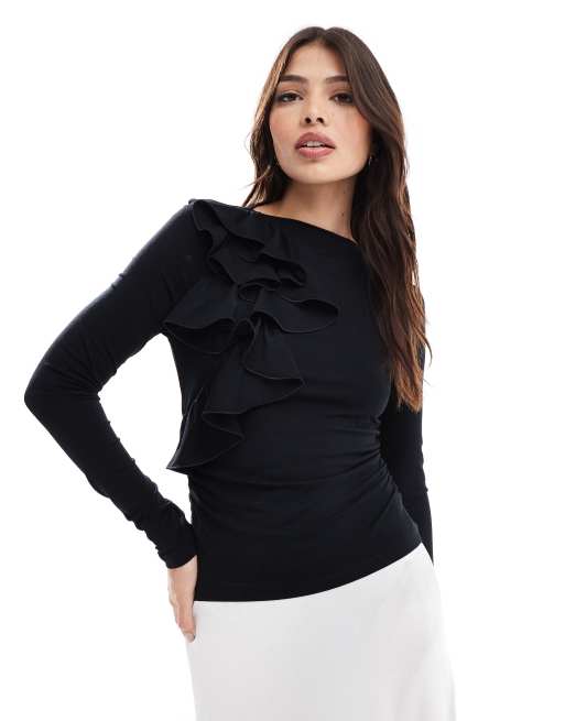 & Other Stories - Top van jersey met lange mouwen en ruche-applicatie in zwart