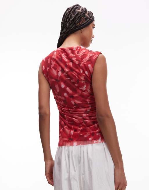 & Other Stories - Top van mesh met gedrapeerd detail in rode bloemenprint, 2 van 4