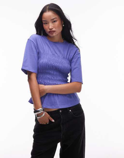 & Other Stories top with ruched corset detail in blue