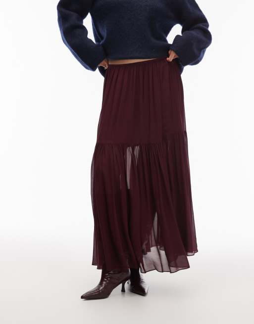 & Other Stories – Transparenter Chiffon-Maxirock in Burgunderrot mit voluminösem Saum, 2 von 5
