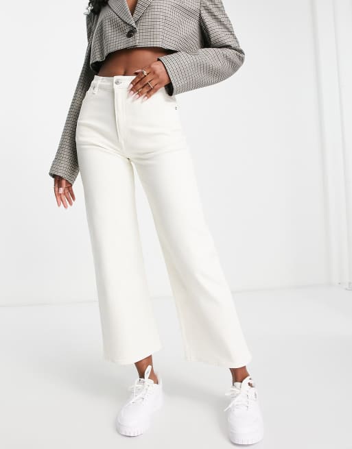 Wide Leg Cropped Jeans - White - Ladies