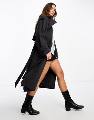 & Other Stories wool blend belted trench coat in dark grey - ASOS Price Checker