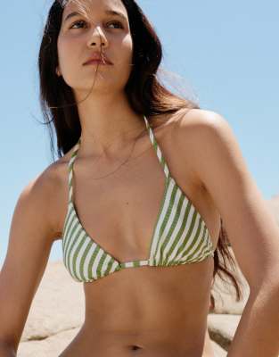 & Other Stories triangle bikini top in green stripes - view 1
