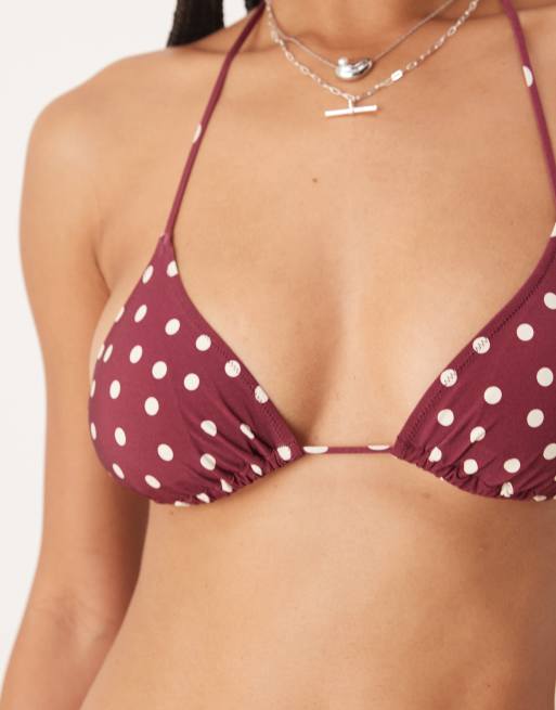 & Other Stories triangle tie up bikini top with removable padding in burgundy and white polka dot print, 4 of 4