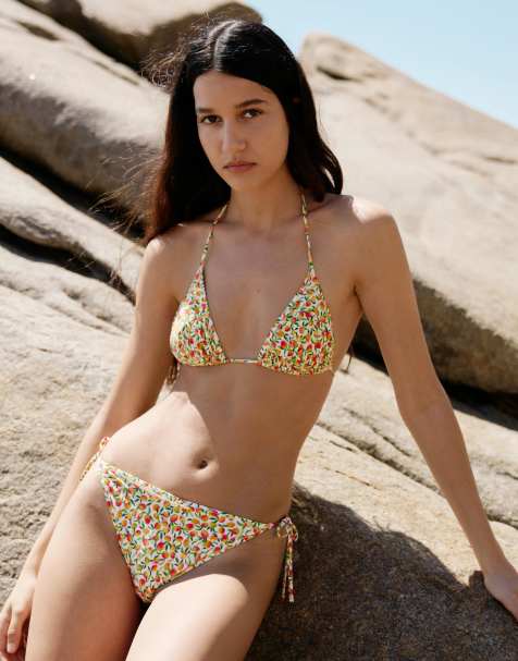 & Other Stories triangle tie up bikini top with removable padding in yellow disty flower print - view 1