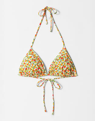 & Other Stories & Other Stories triangle tie up bikini top with removeable padding in yellow disty flower print