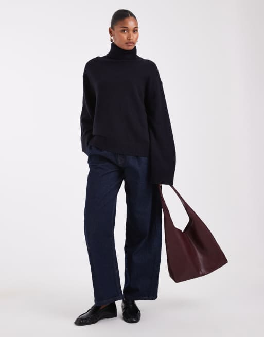 & Other Stories tröja i ull och bomull med ståkrage i navy, 3 av 4