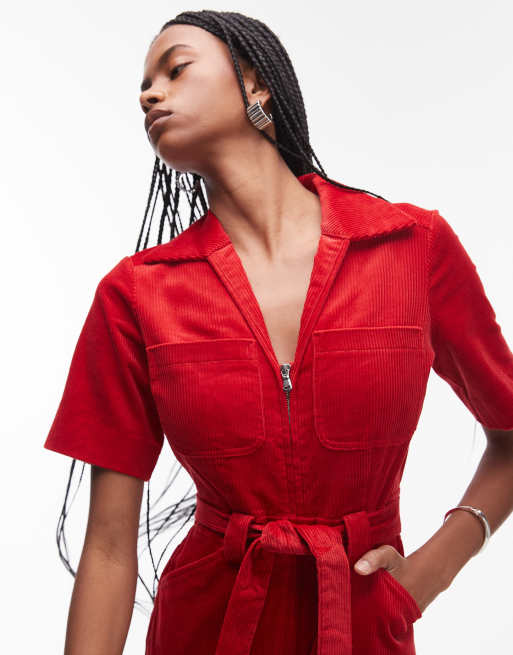 & Other Stories - Tuta jumpsuit rossa in velluto a coste con cintura, 2 di 4