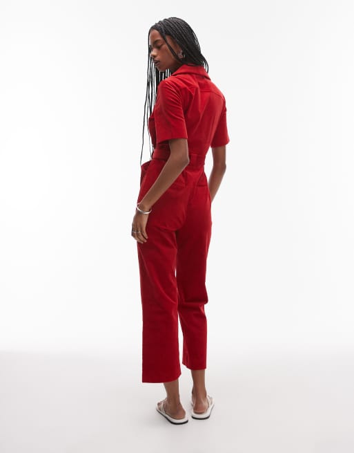& Other Stories - Tuta jumpsuit rossa in velluto a coste con cintura, 3 di 4