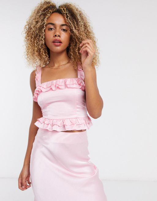 & Other Stories two-piece sleeveless satin ruffle top in pink | ASOS