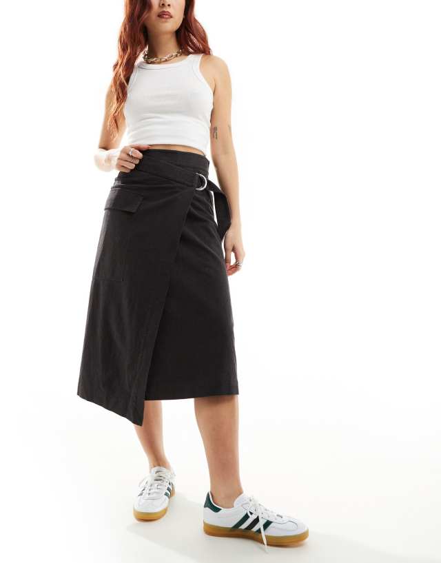 & Other Stories - utility asymmetric wrap midi skirt with pocket detail in black