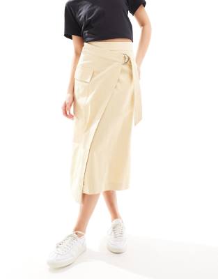 & Other Stories utility asymmetric wrap midi skirt with pocket detail in natural-Neutral