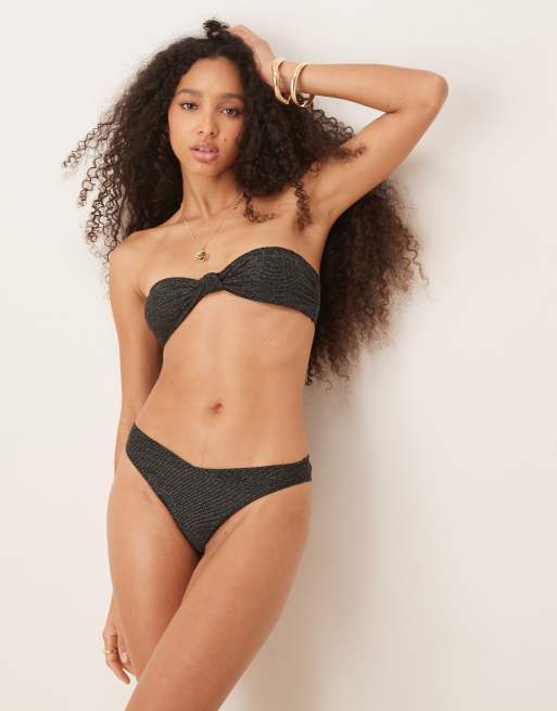 & Other Stories v front high leg  bikini bottoms in black with gold glittler thread