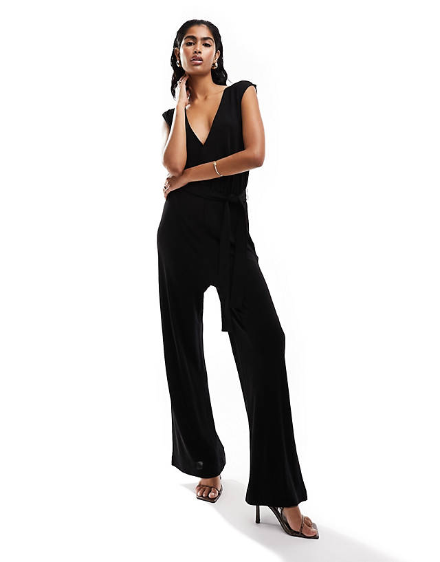& Other Stories - v front sleeveless wide leg jumpsuit with open back and tie waist in black