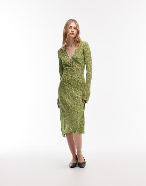 & Other Stories v-neck bias cut dress with fluted sleeves in green delicate floral - view 1