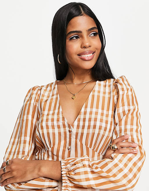 & Other Stories v neck blouse in beige check print