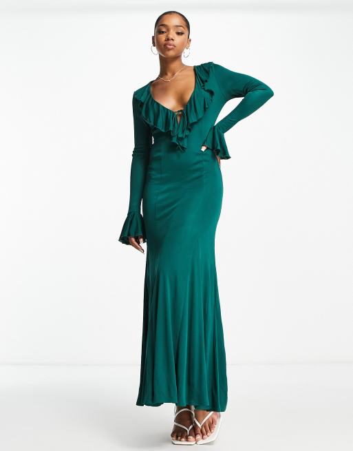 Other Stories v neck frill maxi dress in dark green