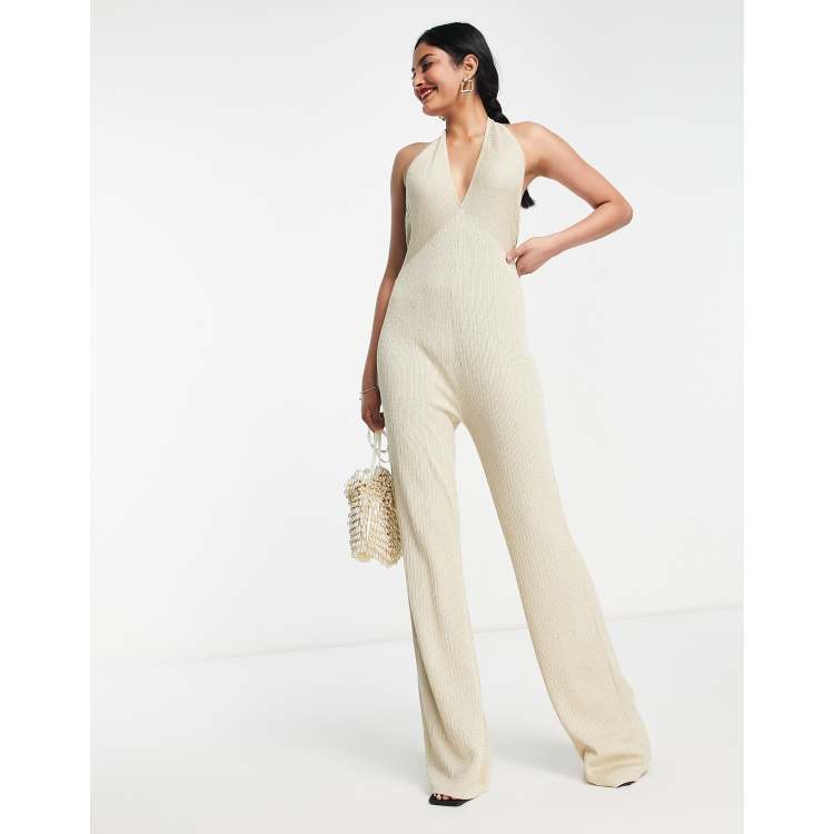  Other Stories v neck glitter jumpsuit in beige