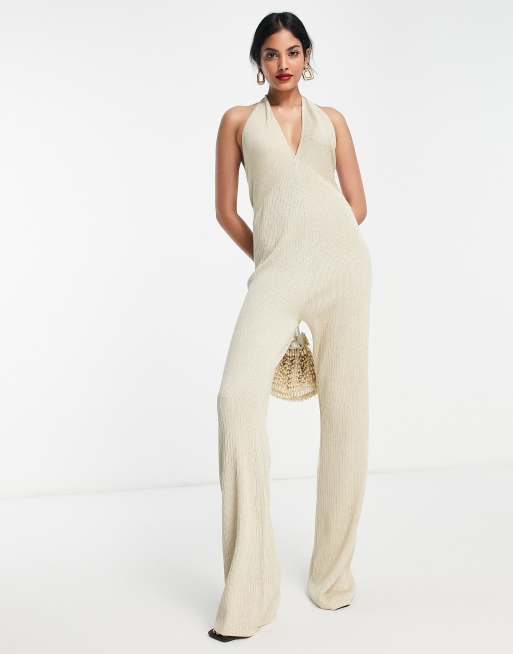  Other Stories v neck glitter jumpsuit in beige