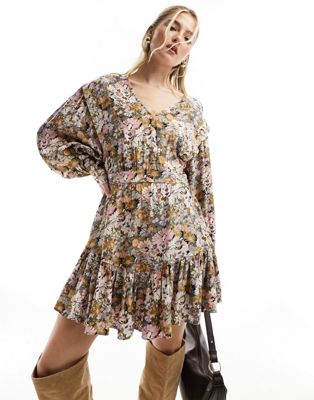 & Other Stories v neck mini dress with volume sleeves in bibi print