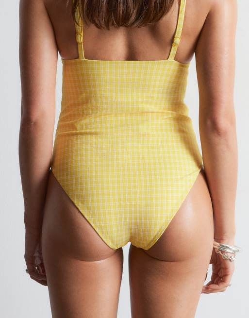 & Other Stories v neck plunge swimsuit in yellow check, 3 of 4