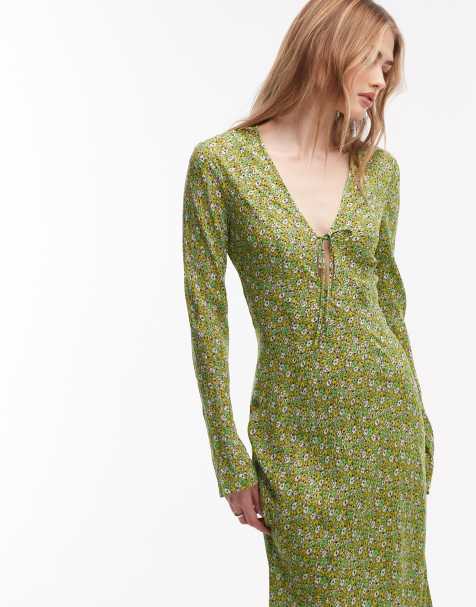 & Other Stories vee neck bias cut dress with fluted sleeves in green ditsy floral  - view 1
