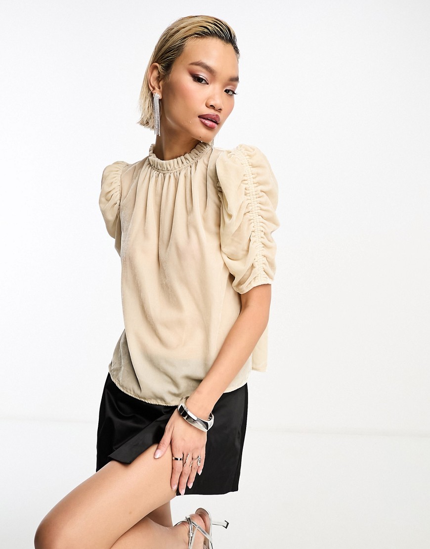& Other Stories velvet high neck top with draped volume sleeve in beige-Neutral