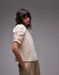 [Other Stories] & Other Stories velvet high neck top with draped volume sleeve in beige-Neutral 36 BEIGE