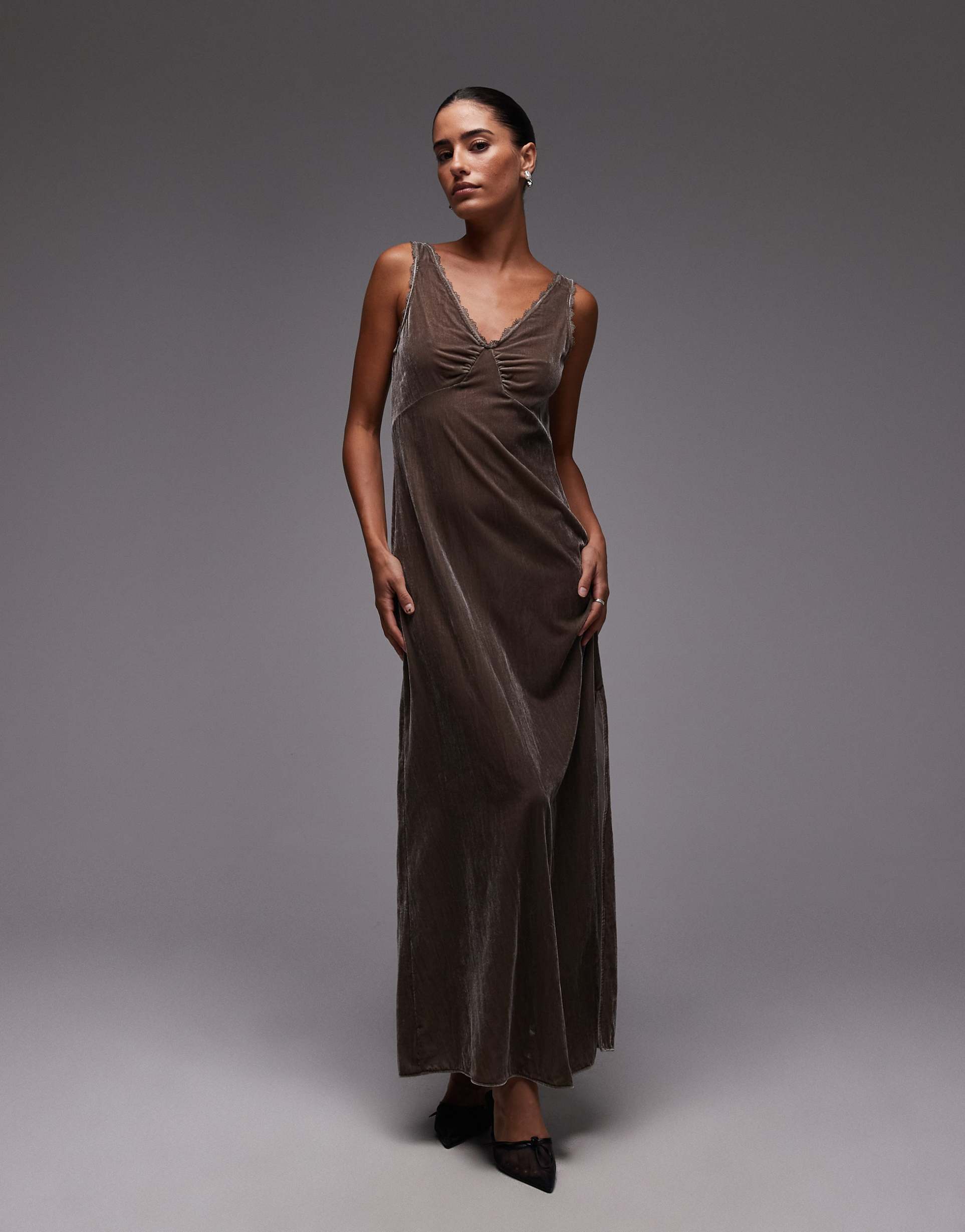 & other stories velvet maxi slip dress in mole