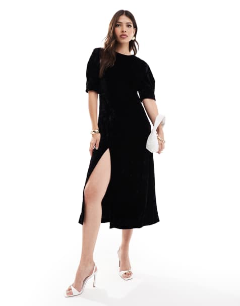 & Other Stories velvet midaxi dress with keyhole back and thigh split in black - view 1