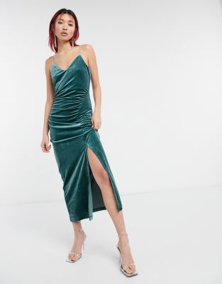 dark green velvet midi dress