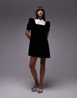 & Other Stories velvet mini dress with collar detail and puff sleeves in black