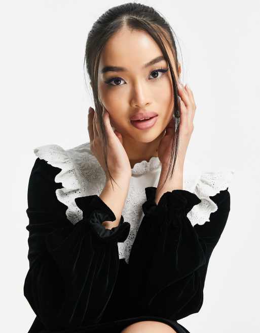 & Other Stories velvet mini dress with embroidered collar in black and white - MULTI