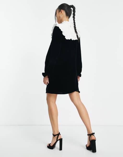 & Other Stories velvet mini dress with embroidered collar in black and white - MULTI